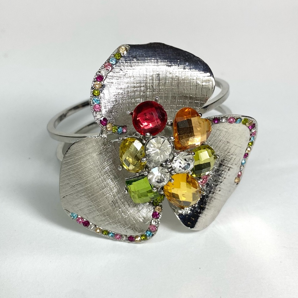 Vintage Silver Tone and Colorful Rhinestone Floral Spring Bracelet